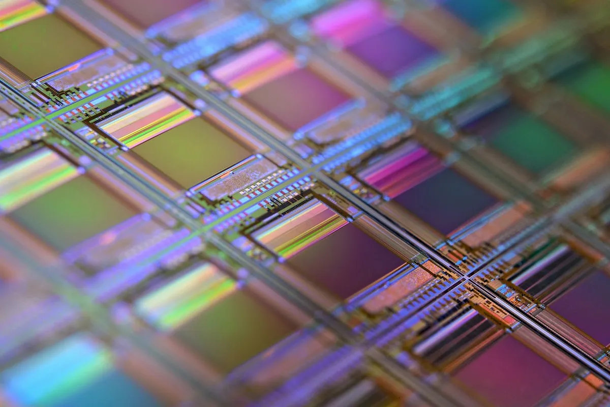 Close-up of a silicon wafer covered in microchip dies